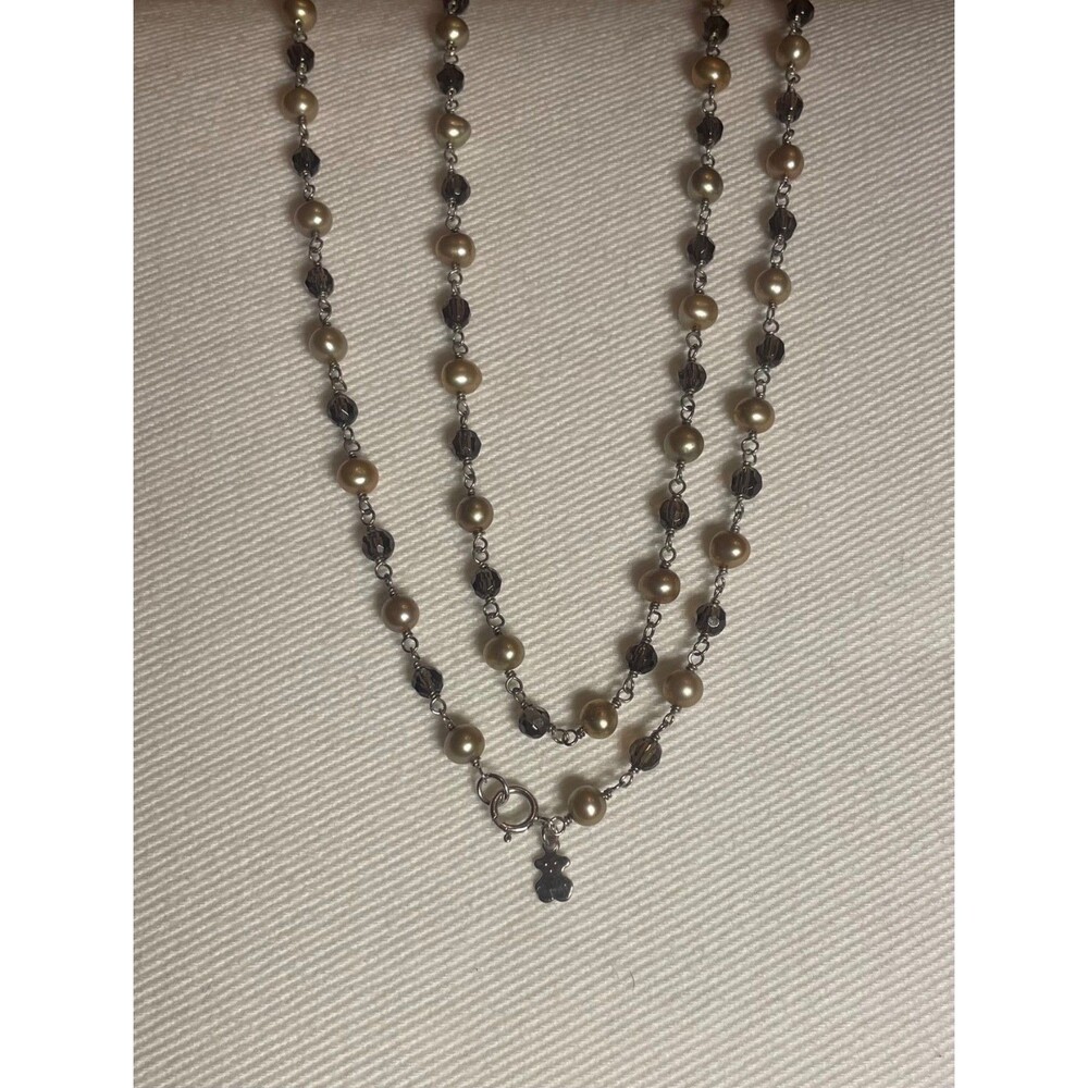 TOUS Authentic Sterling Silver 925 Freshwater Pearls & Smoky Quartz Bear Necklac